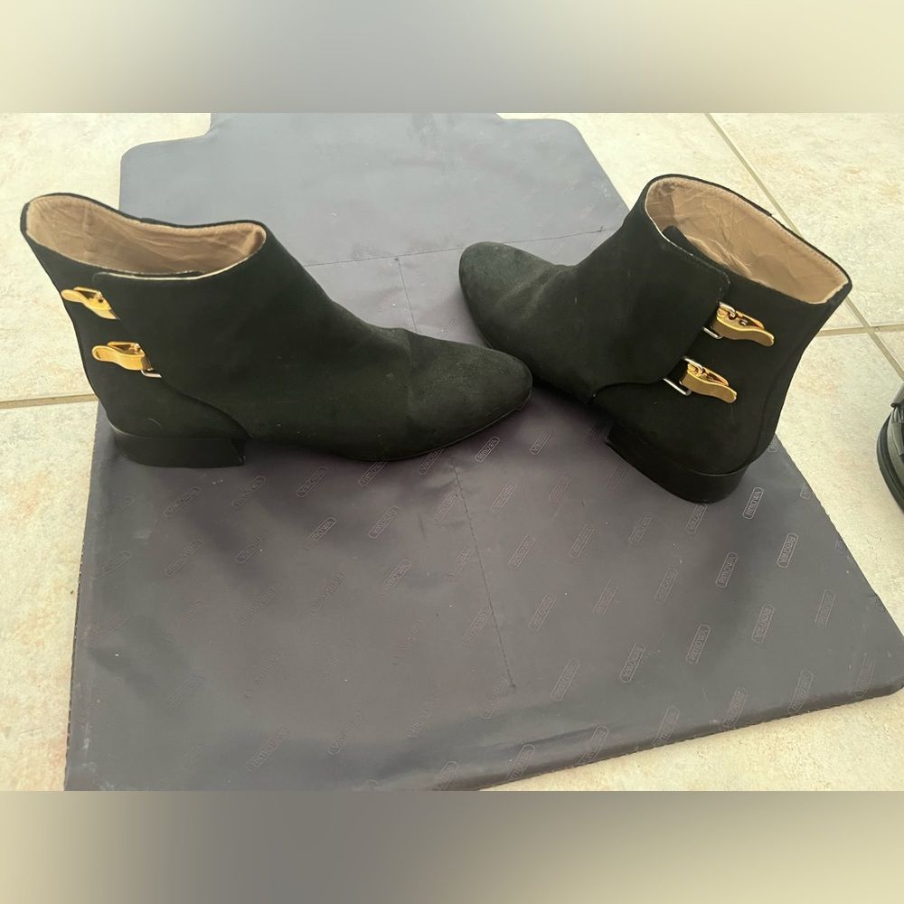 Chloe Black Suede Ankle Booties with Gold Buckle Accent